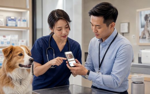 Veterinarian and pet technology manager reviewing smartphone-based AI pet health screening with a calm dog in a modern clinic consultation area