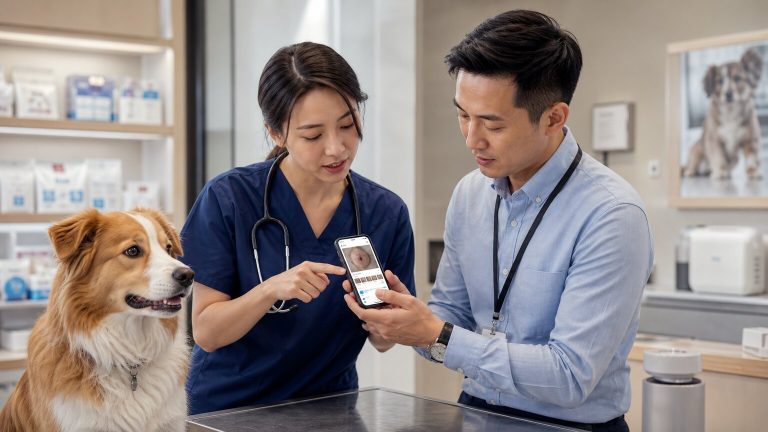 AI pet health smartphone ecosystem in a veterinary consultation setting