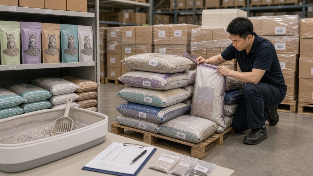 Cat litter bags, retail pouches, pallets, and warehouse packaging checks for pet product logistics