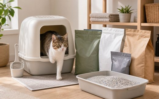 Cat near a clean litter box with cat litter bags, scoop, and visible litter granules in a modern home setting