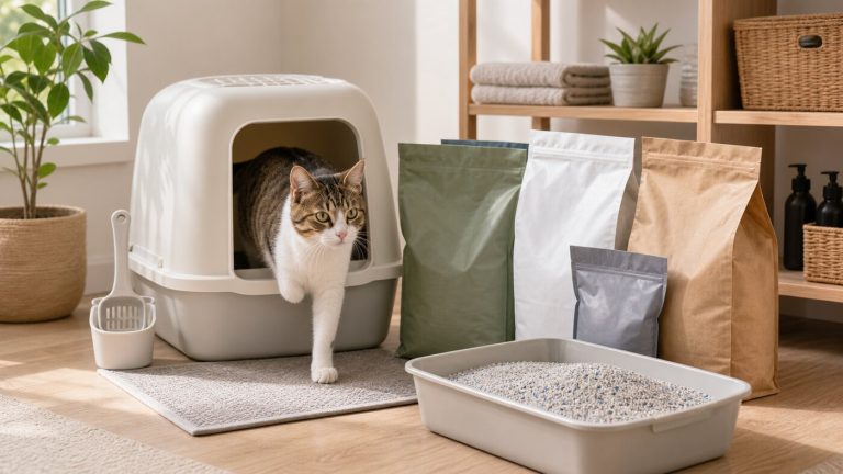 Cat near a clean litter box with cat litter bags, scoop, and visible litter granules in a modern home setting