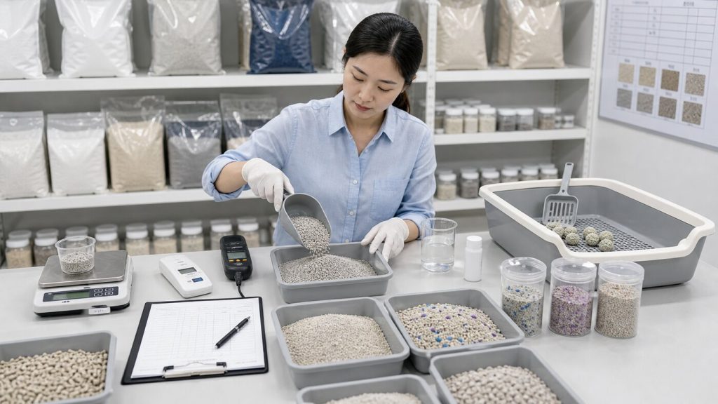 Cat litter samples tested for clumping, dust, tracking, moisture, and granule texture in a supplier sample room