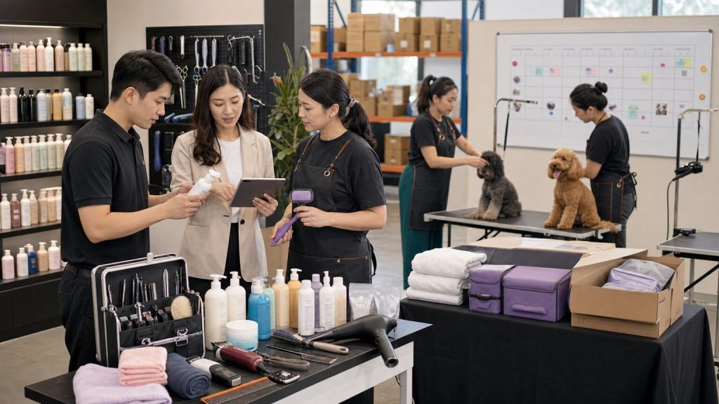 Distributor grooming training operations hub with product samples and workshop planning