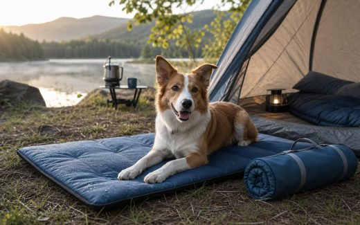 Dog resting on a portable waterproof camping bed beside a tent at a lakeside campsite