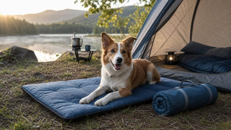 Dog resting on a portable waterproof camping bed beside a tent at a lakeside campsite