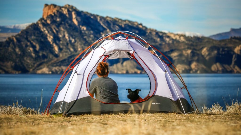 Dog and owner camping by a lake, showing the outdoor use case behind pet camping mats