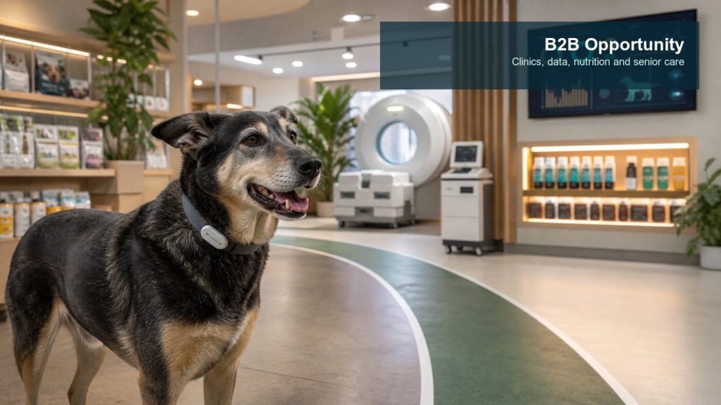 Senior dog in a pet wellness service environment with diagnostic equipment and health monitoring