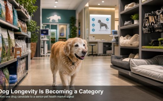 Senior dog walking in a pet retail and veterinary support space representing the pet longevity market opportunity