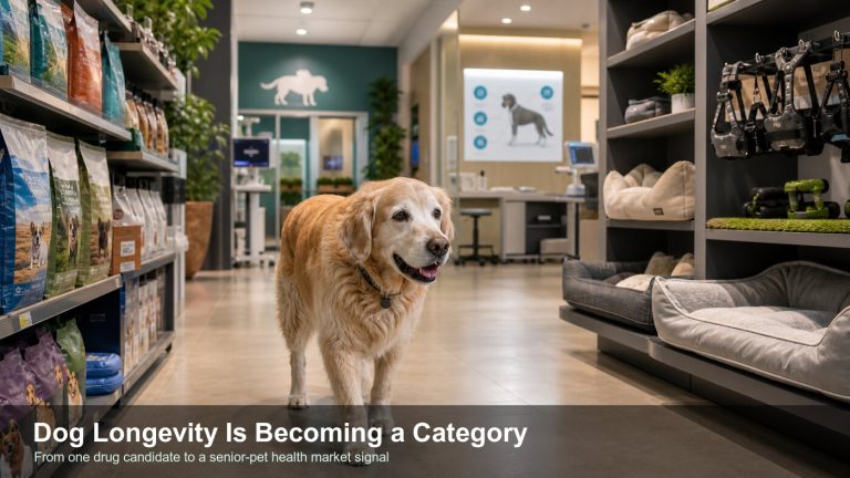 Senior dog walking in a pet retail and veterinary support space representing the pet longevity market opportunity