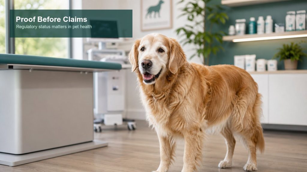 Senior dog in a veterinary clinic with wellness products and diagnostic equipment