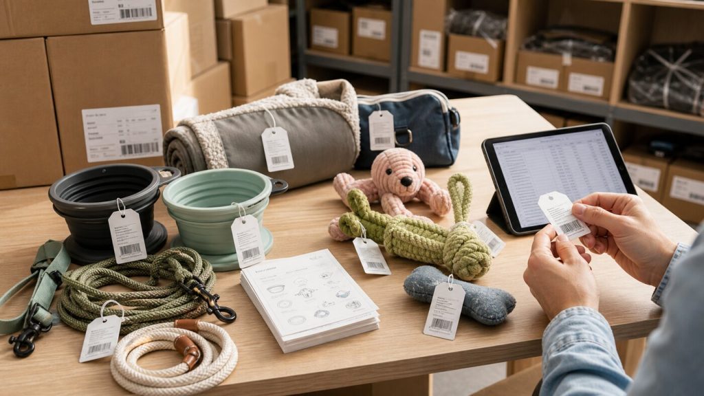 Pet supply packaging, labels, barcodes, tags, and instruction leaflets prepared for traceability review
