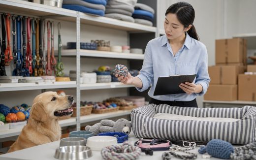 Pet supply quality inspection with toys, leashes, bowls, and a dog in a supplier sample room
