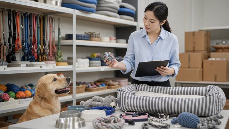 Pet supply quality inspection with toys, leashes, bowls, and a dog in a supplier sample room