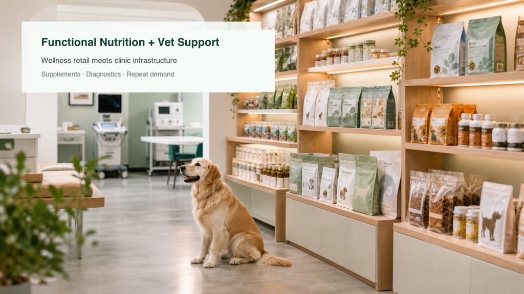 Pet wellness retail and clinic scene with a dog, functional nutrition shelves, supplements and veterinary diagnostics area
