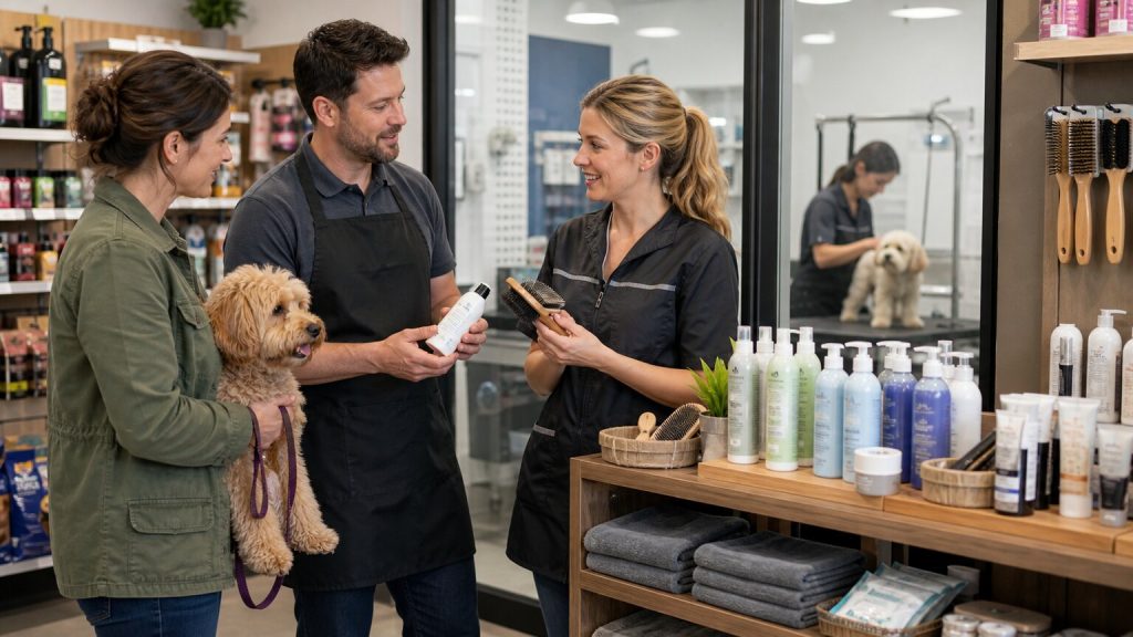 Grooming service turning into coat-care product recommendations inside a pet specialty store