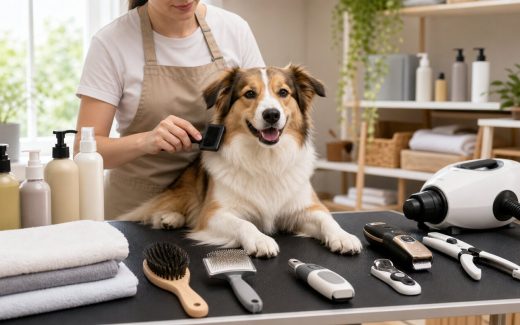 Dog being brushed at home with pet grooming tools, towels, shampoo bottles, clippers, and dryer on a grooming table