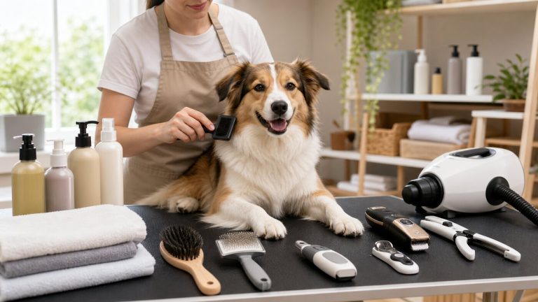Dog being brushed at home with pet grooming tools, towels, shampoo bottles, clippers, and dryer on a grooming table