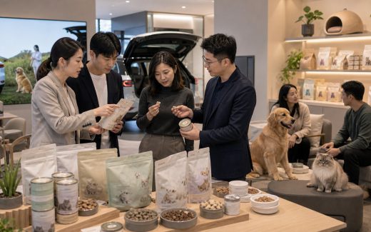 Lifestyle brand showroom with pet food samples, non-branded packaging, pet-owning community members, and calm dogs and cats in a premium retail space