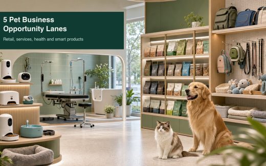 Pet retail and service concept space with smart devices, pet food shelves, grooming area, dog and cat