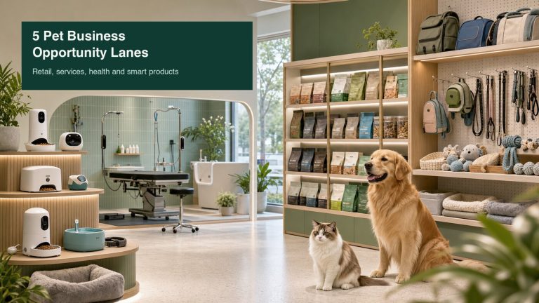 Pet retail and service concept space with smart devices, pet food shelves, grooming area, dog and cat