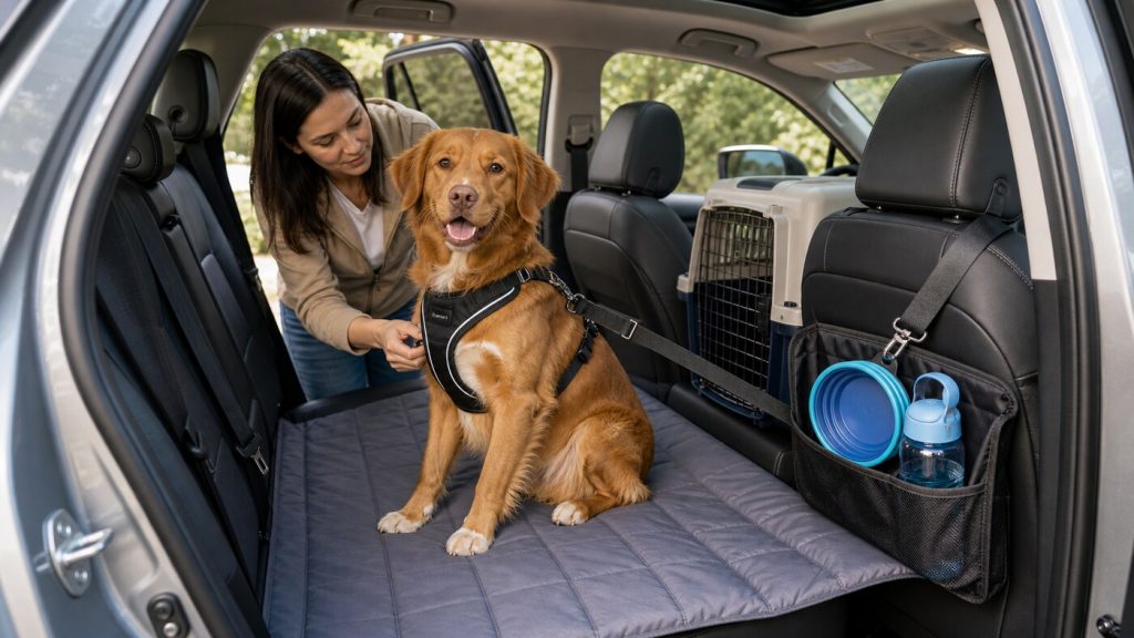 Dog wearing a vehicle restraint harness in the rear seat of a parked SUV with a crate, water bottle, and travel bowl nearby