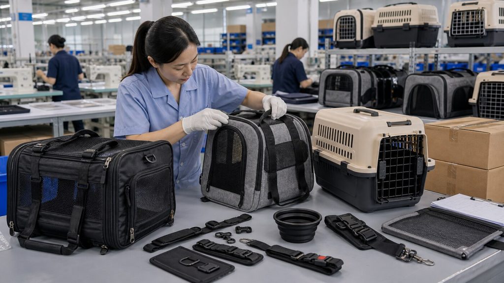 Quality-control technician inspecting pet carriers, travel crates, buckles, zippers, straps, ventilation mesh, and packaging in a clean factory setting