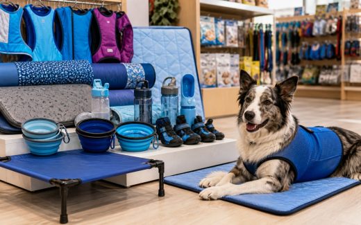 Dog resting beside a modern retail display of pet cooling mats, cooling vests, collapsible bowls, portable water bottles, and summer pet accessories