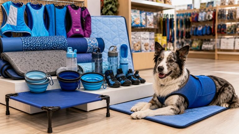 Dog resting beside a modern retail display of pet cooling mats, cooling vests, collapsible bowls, portable water bottles, and summer pet accessories