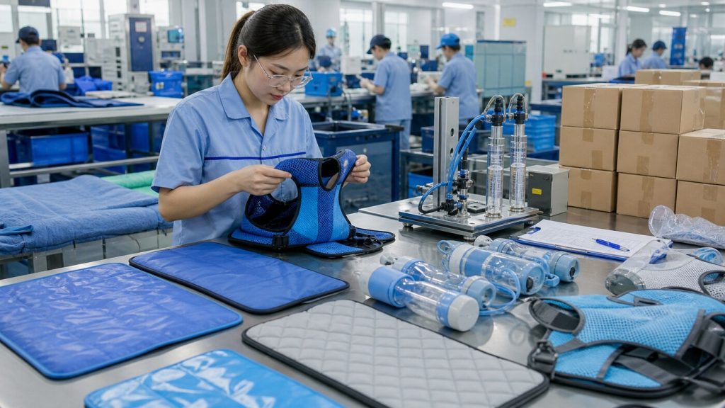 Quality-control technician inspecting pet cooling mats, cooling vest samples, portable water bottles, seams, seals, and packaging in a clean factory setting