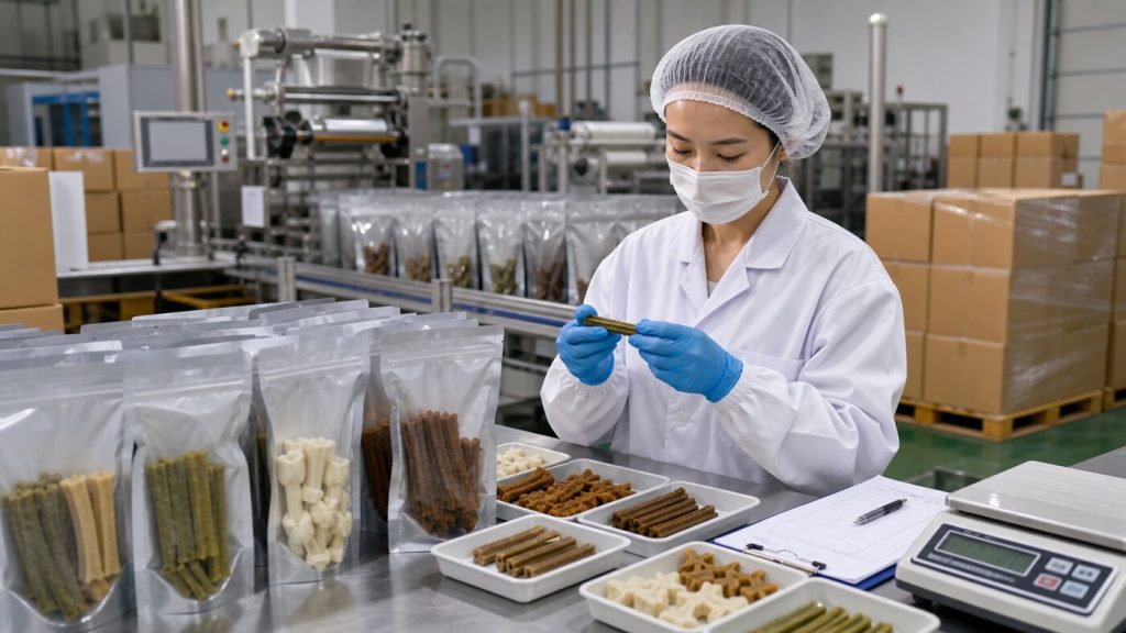 Quality-control technician inspecting dental chew samples, pouch seals, and batch consistency in a clean pet product facility