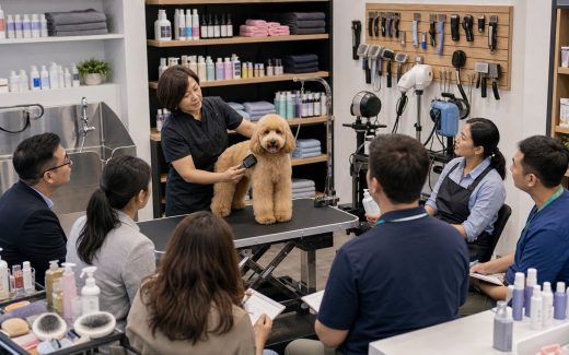 Pet distributor grooming education classroom with an instructor demonstrating coat care on a calm dog while store owners and groomers learn beside product shelves