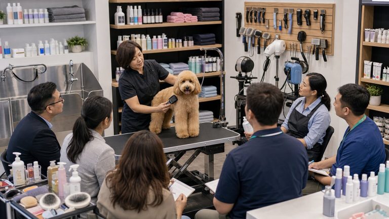 Pet distributor grooming education classroom with store owners and groomers