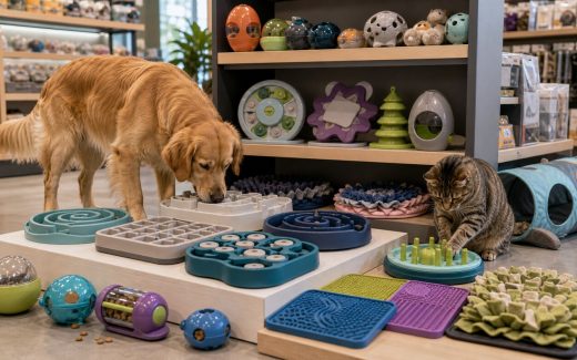 Dog and cat beside a modern retail display of pet puzzle feeders, slow feeder bowls, lick mats, snuffle mats, and treat-dispensing toys