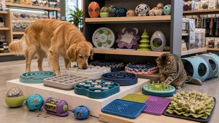 Dog and cat beside a modern retail display of pet puzzle feeders, slow feeder bowls, lick mats, snuffle mats, and treat-dispensing toys