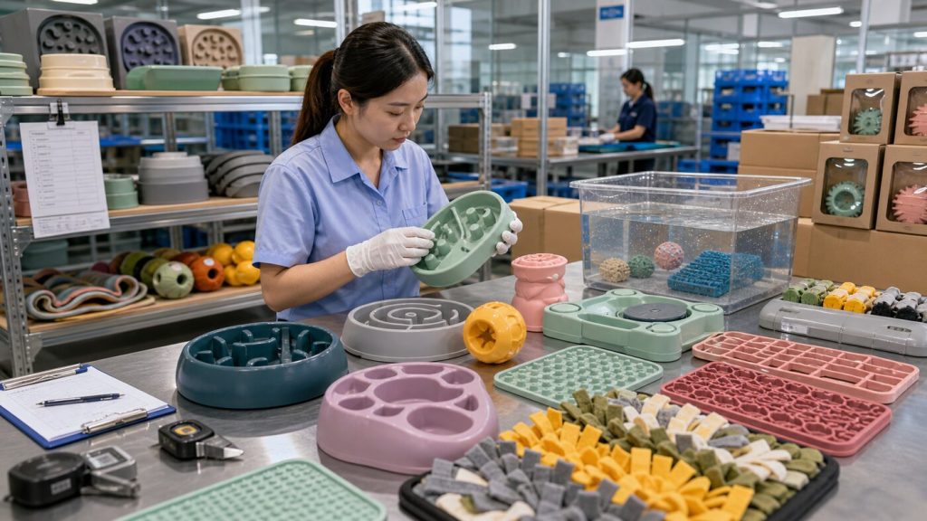 Quality-control technician inspecting pet puzzle feeders, lick mats, slow feeder bowls, snuffle mats, treat toys, materials, edges, and packaging