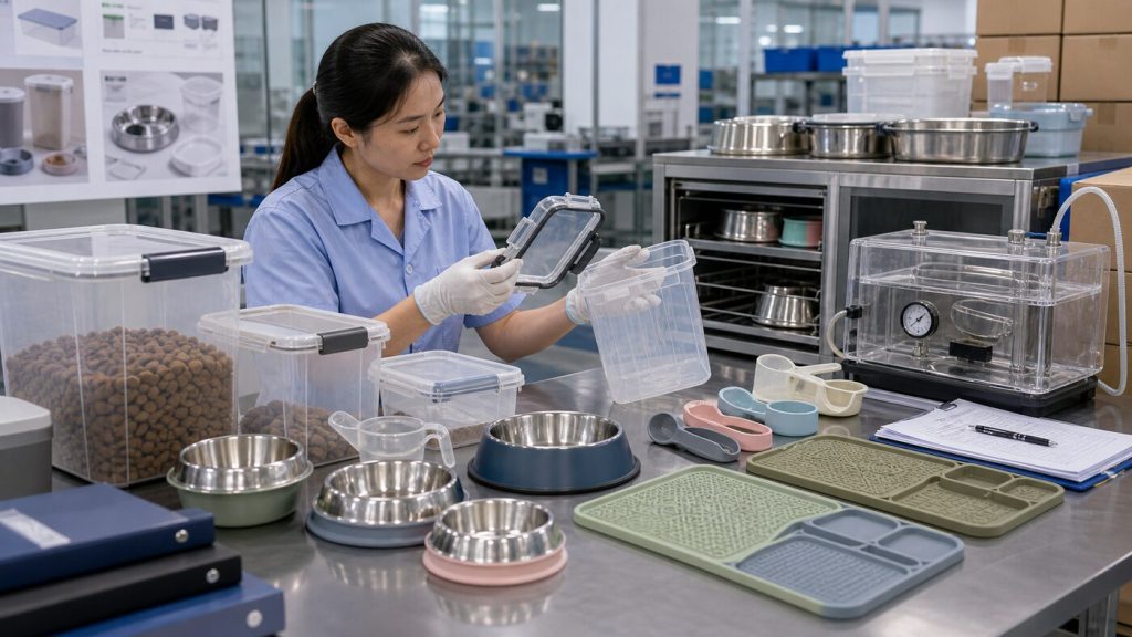 Quality-control technician inspecting airtight pet food containers, gasket lids, measuring scoops, stainless bowls, silicone feeding mats, and packaging