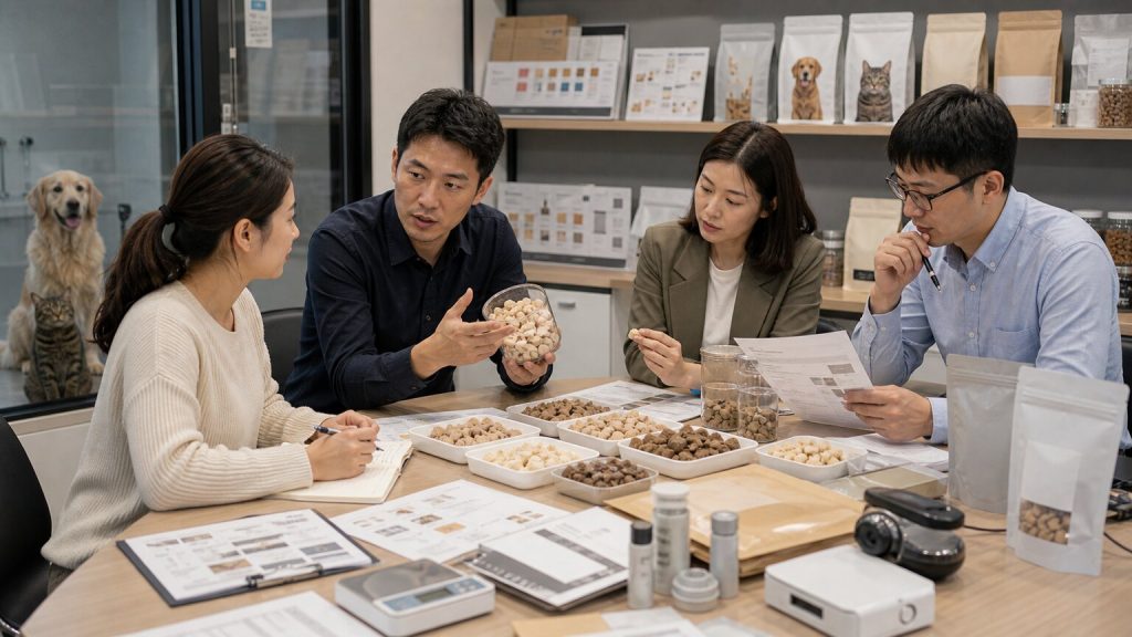 Cross-functional lifestyle brand team evaluating freeze-dried pet food samples and packaging