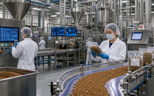 Advanced pet food factory with automated kibble production line, digital monitoring, clean uniforms, quality checks, and sealed product flow