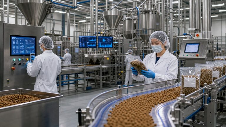 Advanced pet food factory with automated kibble production line, digital monitoring, clean uniforms, quality checks, and sealed product flow