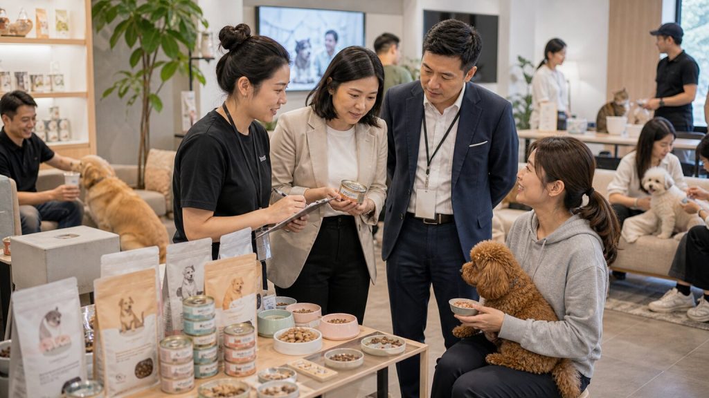 Pet-friendly lifestyle member event with non-branded pet food sampling and customer feedback