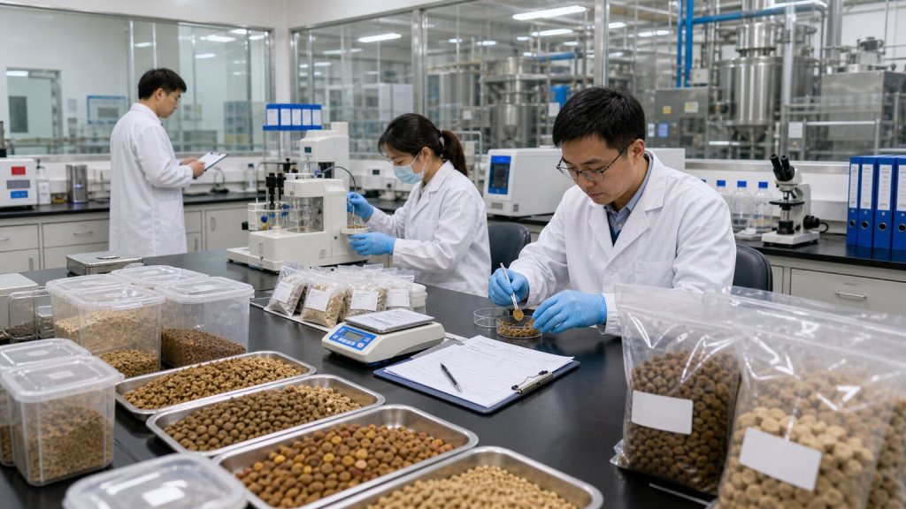 Pet food quality testing laboratory with kibble samples, ingredient trays, QA technicians, testing equipment, sealed retention samples, and batch records