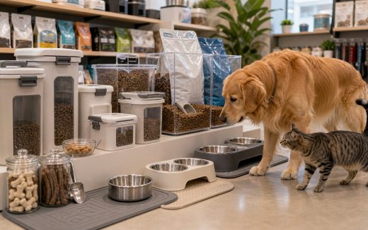 Dog and cat beside a modern retail display of pet food storage containers, original kibble bags, stainless bowls, measuring scoops, and silicone feeding mats