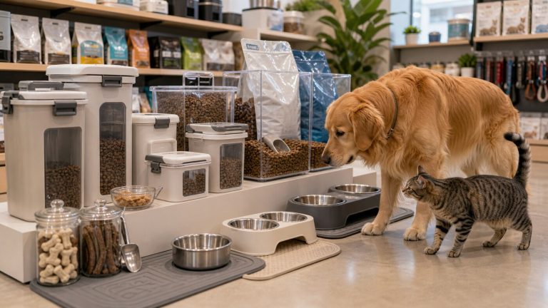 Dog and cat beside a modern retail display of pet food storage containers, original kibble bags, stainless bowls, measuring scoops, and silicone feeding mats