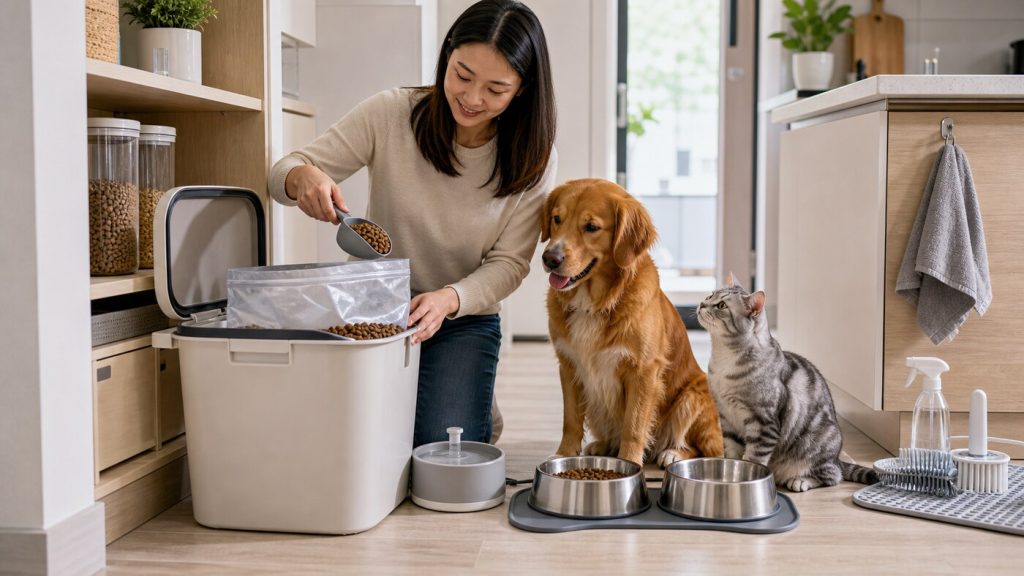 Pet owner measuring kibble from an original food bag stored inside an airtight bin, with stainless bowls, silicone mats, and cleaning tools nearby