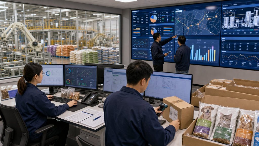 Pet food supply chain traceability control room overlooking factory and warehouse operations, with dashboards, batch records, barcode scanning, finished cartons, and logistics visibility