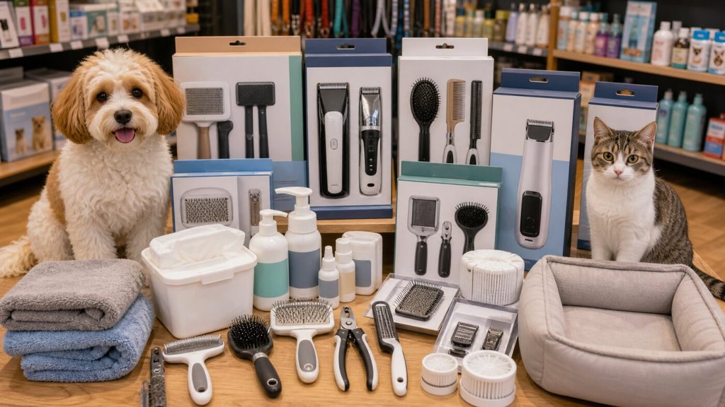 Retail display of pet grooming kits with brushes, clippers, shampoo, wipes, towels, dog and cat nearby