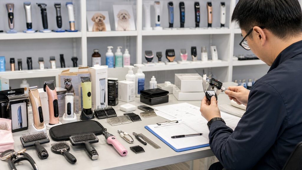 Buyer inspecting pet grooming tools, clipper blades, nail grinders, brushes, and packaging samples in a supplier sample room
