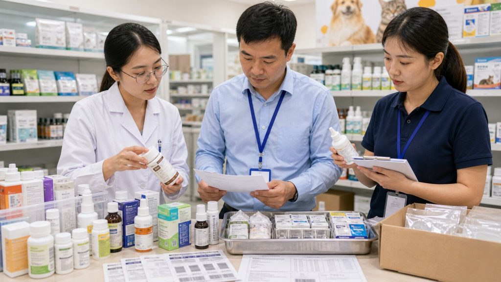 Pet health product label review with pharmacist, buyer, QA specialist, certificates, batch records, sealed products, and product samples