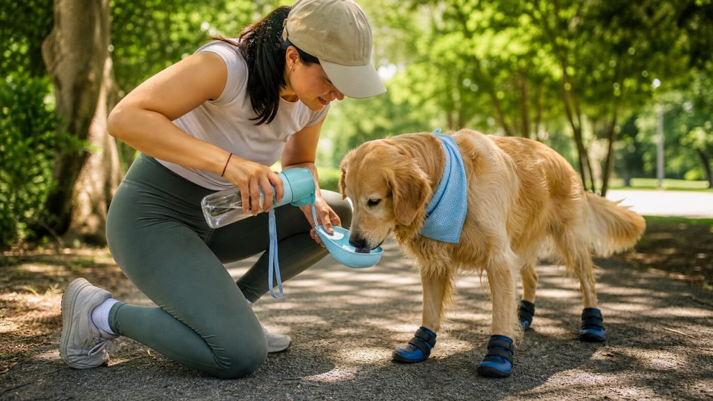 Dog drinking from a portable pet water bottle in a shaded warm-weather walking scene with practical cooling accessories