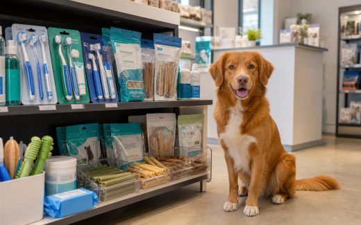 Dog beside a modern pet oral care retail display with toothbrush kits, dental chews, wipes, and water additives